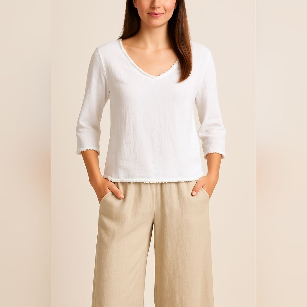 Tempo Paris White Textured Linen Pom Fringe Trim Top M Italy Resort Coastal Boho